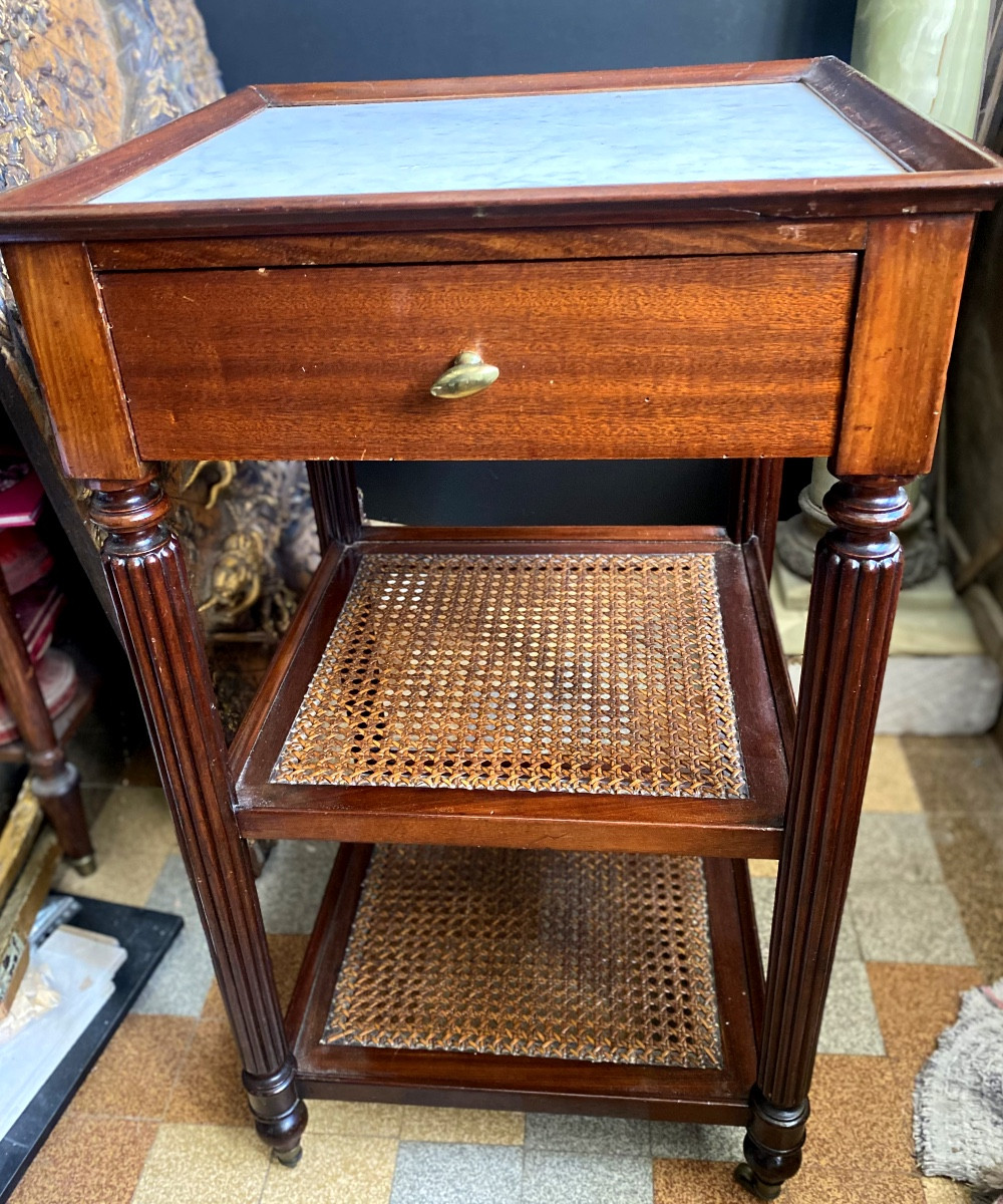 Mahogany Living Room Furniture On Casters, Two Caned Tops, One Top Edged In White Carrara