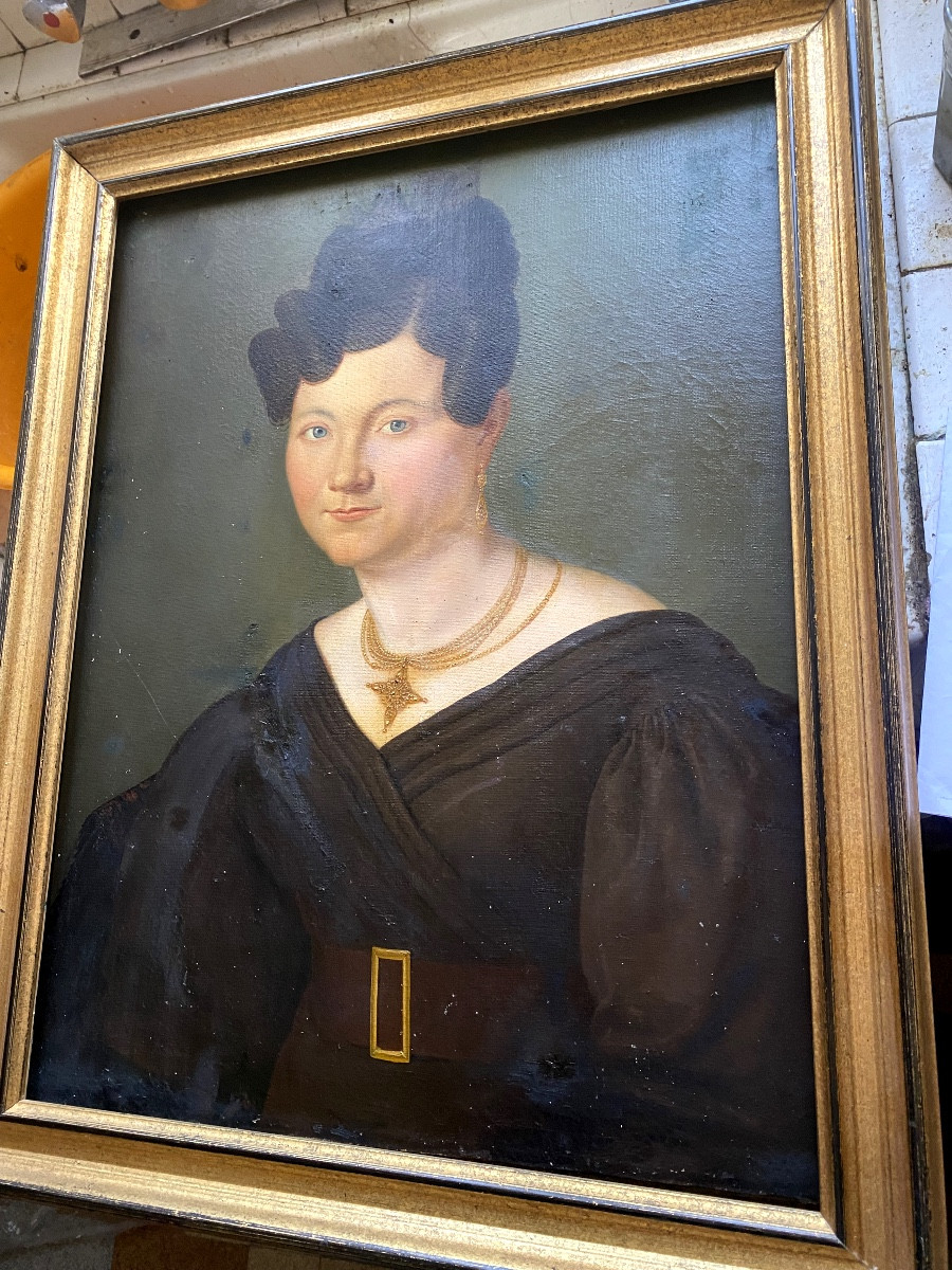 Belle Huile  , 19 ème  Sur Toile Encadrée : "Dame De Qualité" époque Louis Philippe-photo-3