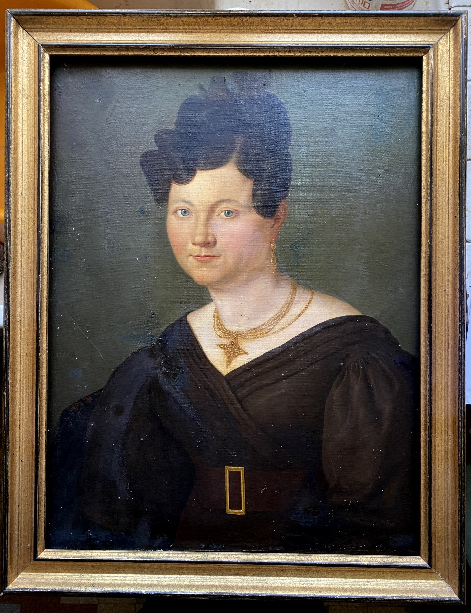 Belle Huile  , 19 ème  Sur Toile Encadrée : "Dame De Qualité" époque Louis Philippe-photo-1