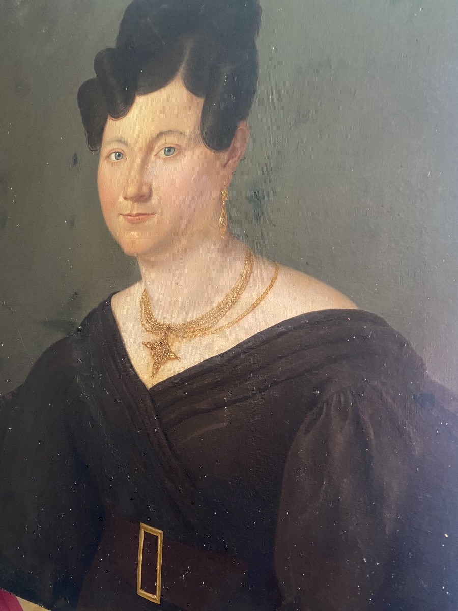 Belle Huile  , 19 ème  Sur Toile Encadrée : "Dame De Qualité" époque Louis Philippe-photo-3