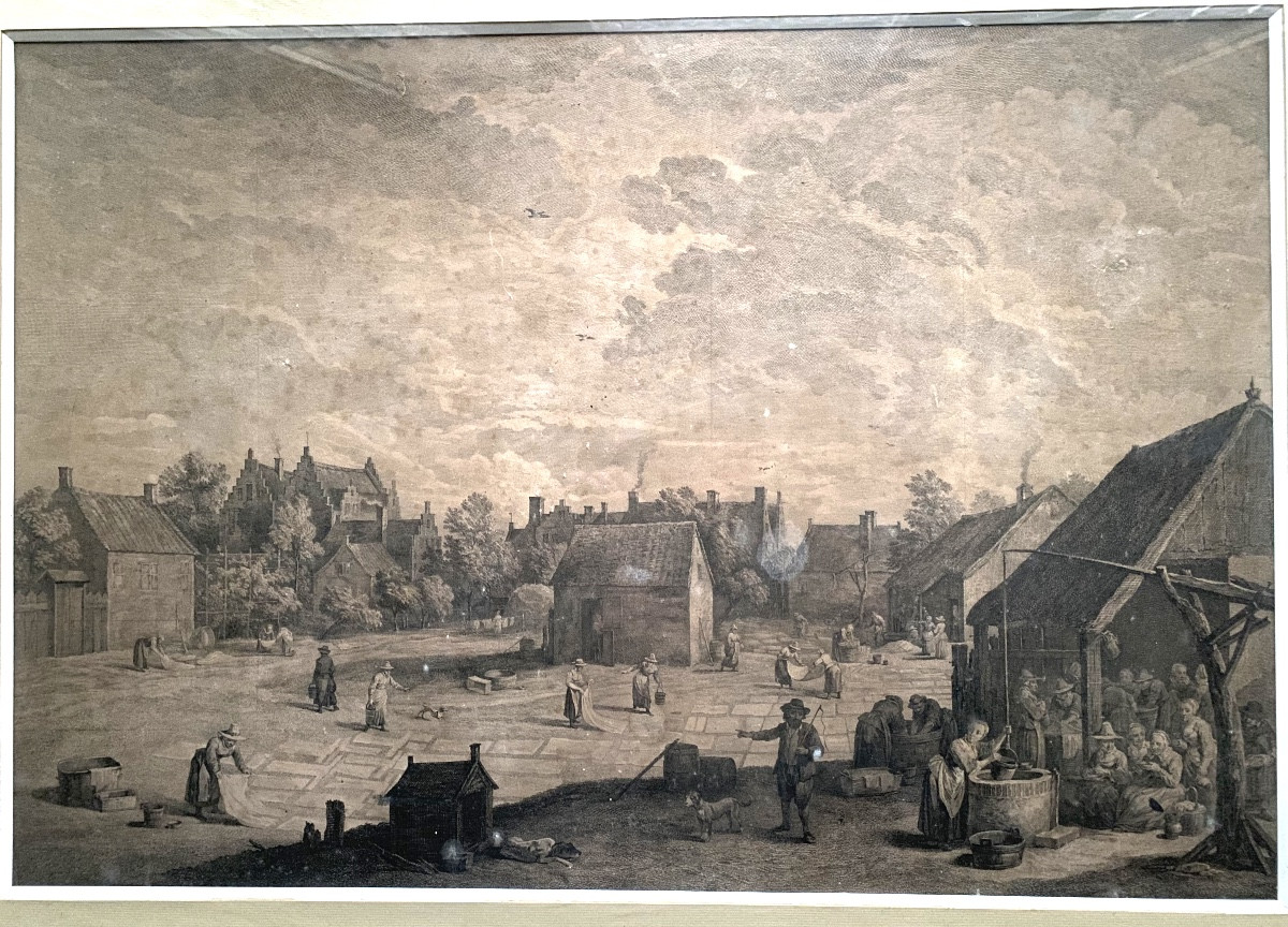 Very Large, And Well Framed Engraving Of A Lively Flamman Village Square View, 17th Century-photo-3