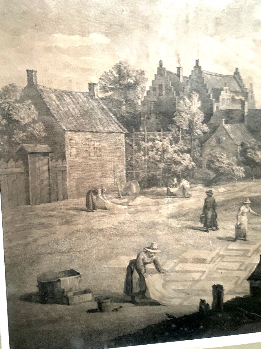 Very Large, And Well Framed Engraving Of A Lively Flamman Village Square View, 17th Century-photo-4