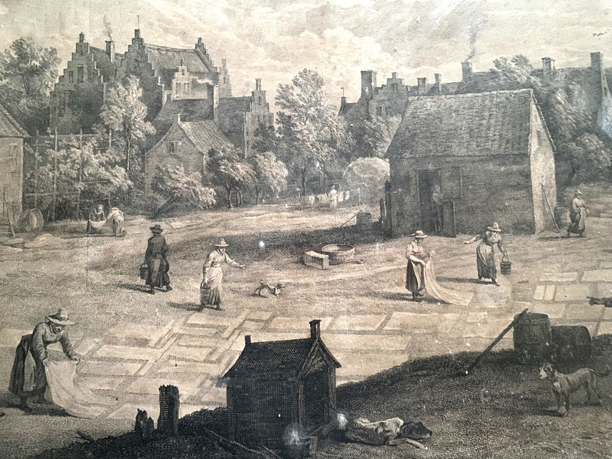 Very Large, And Well Framed Engraving Of A Lively Flamman Village Square View, 17th Century-photo-1