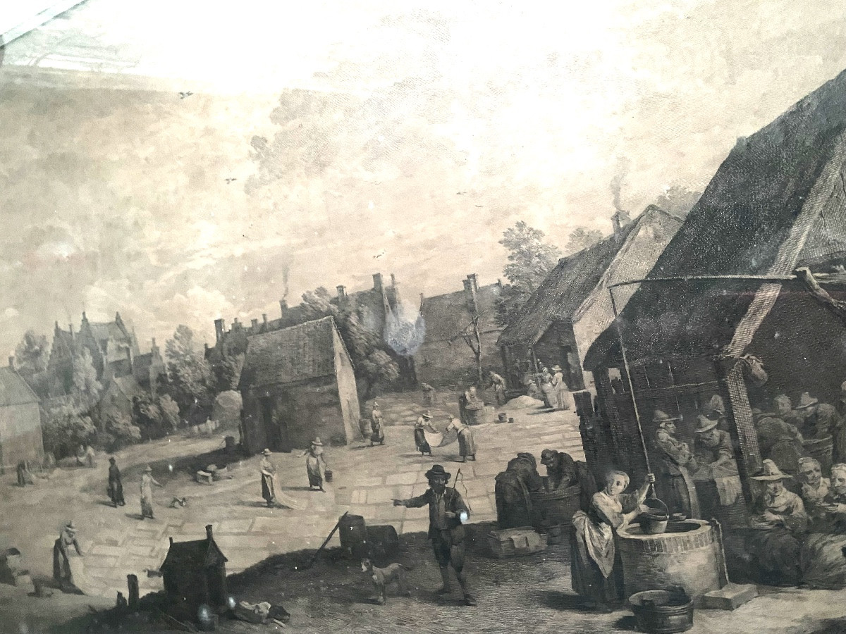 Very Large, And Well Framed Engraving Of A Lively Flamman Village Square View, 17th Century-photo-3