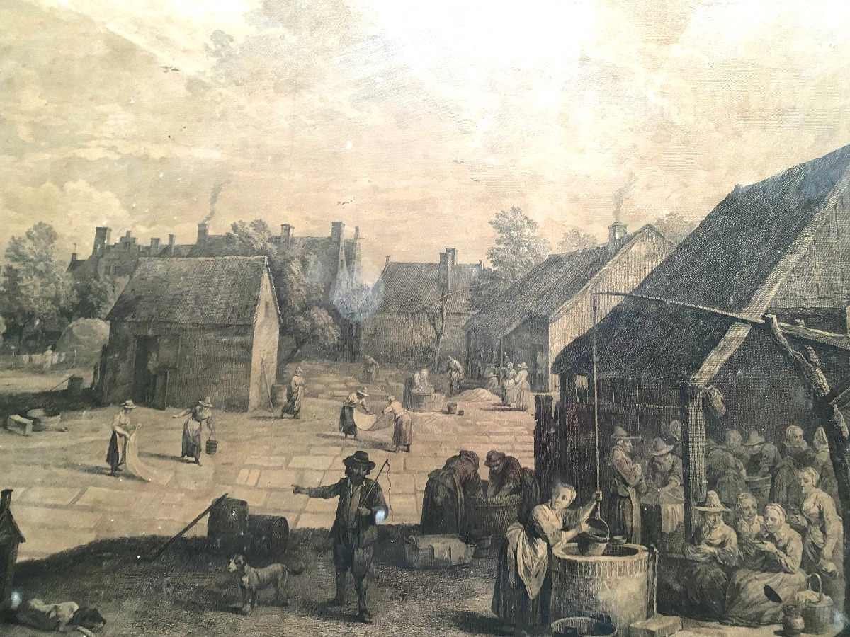 Very Large, And Well Framed Engraving Of A Lively Flamman Village Square View, 17th Century-photo-5