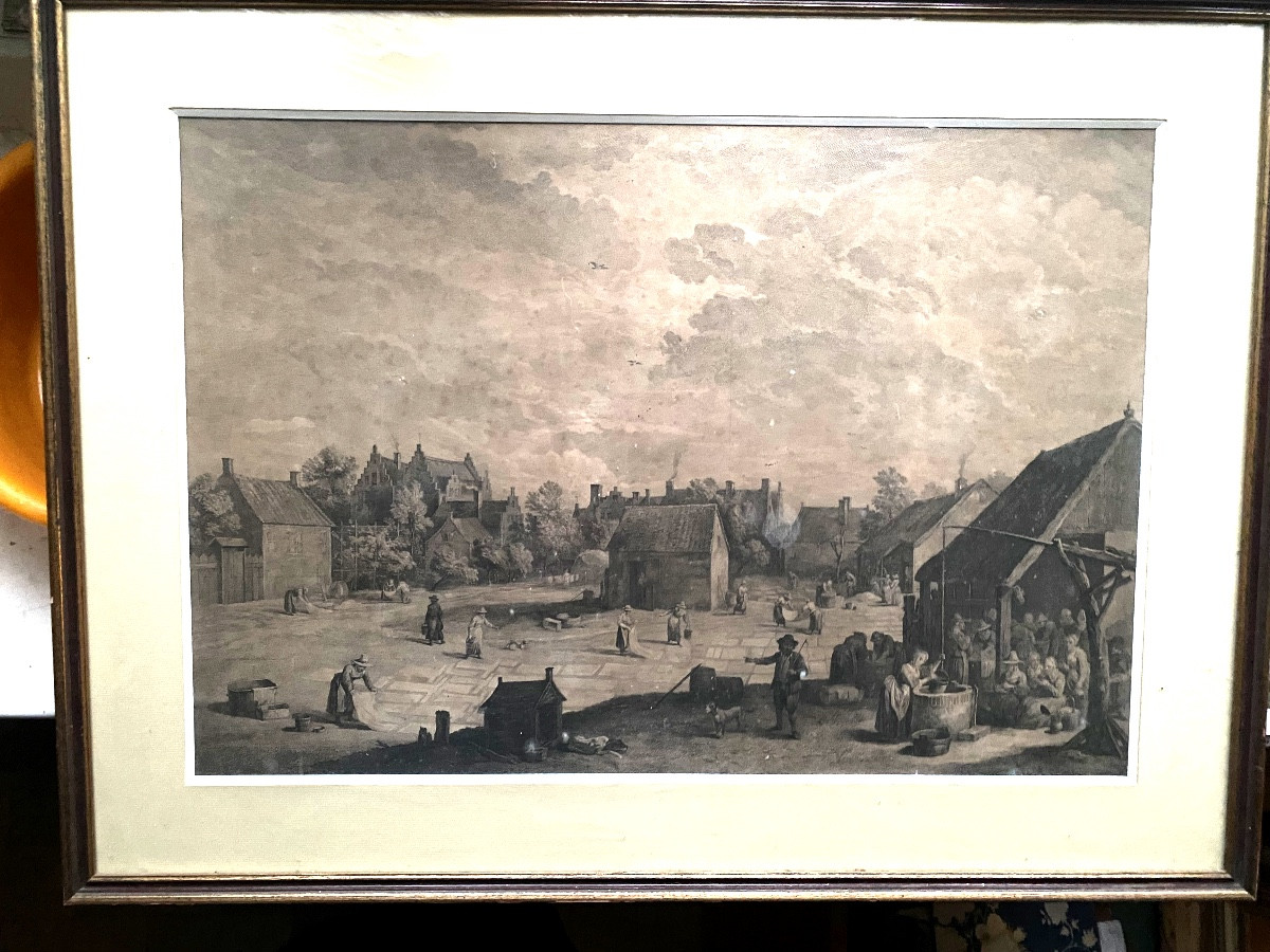 Very Large, And Well Framed Engraving Of A Lively Flamman Village Square View, 17th Century-photo-6