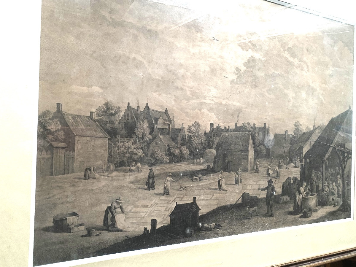 Very Large, And Well Framed Engraving Of A Lively Flamman Village Square View, 17th Century-photo-7