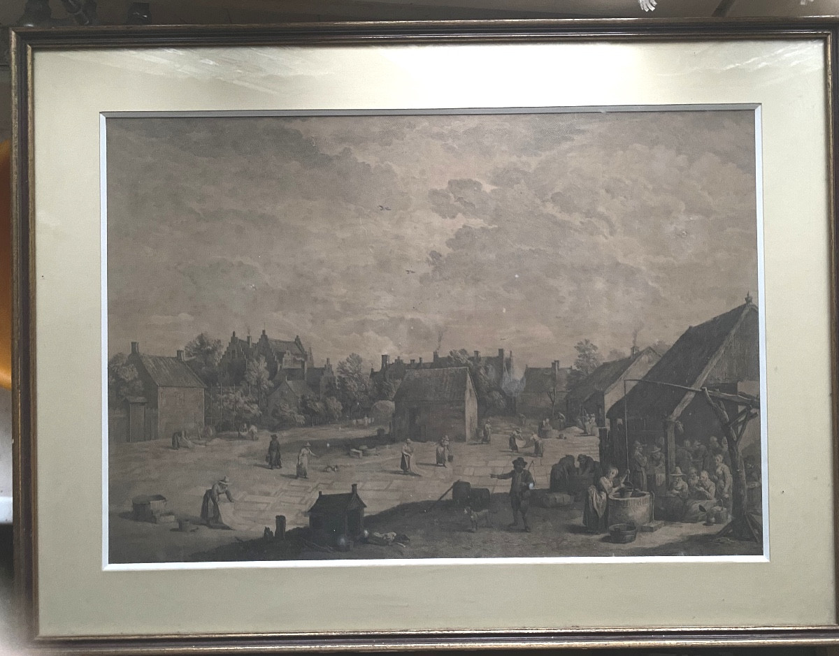 Très Grande Gravure Belle Et Bien Encadrée d'Une Vue De Place De Village Flammand Animée ,17ème