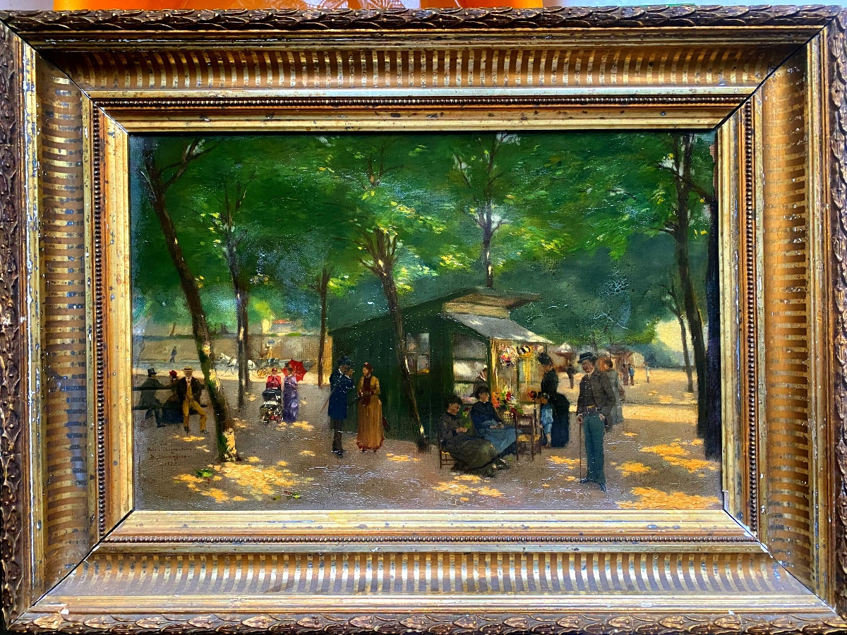 Strolling In The Observatory Park In Toulouse, Oil On Canvas Framed 19th Century