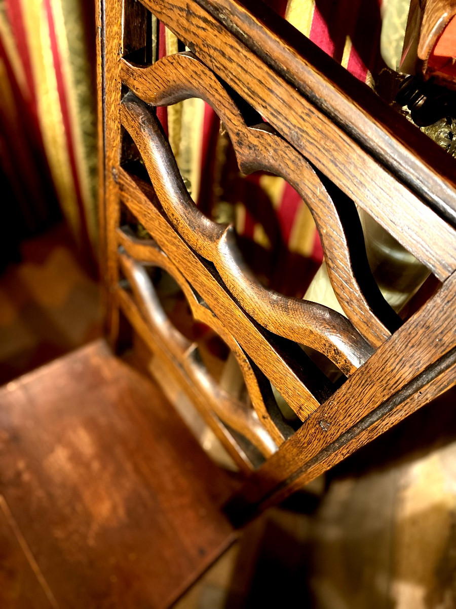 Stained Oak Chair With High Back, Openwork, Movement, Spacer, Front Legs, Columns-photo-4