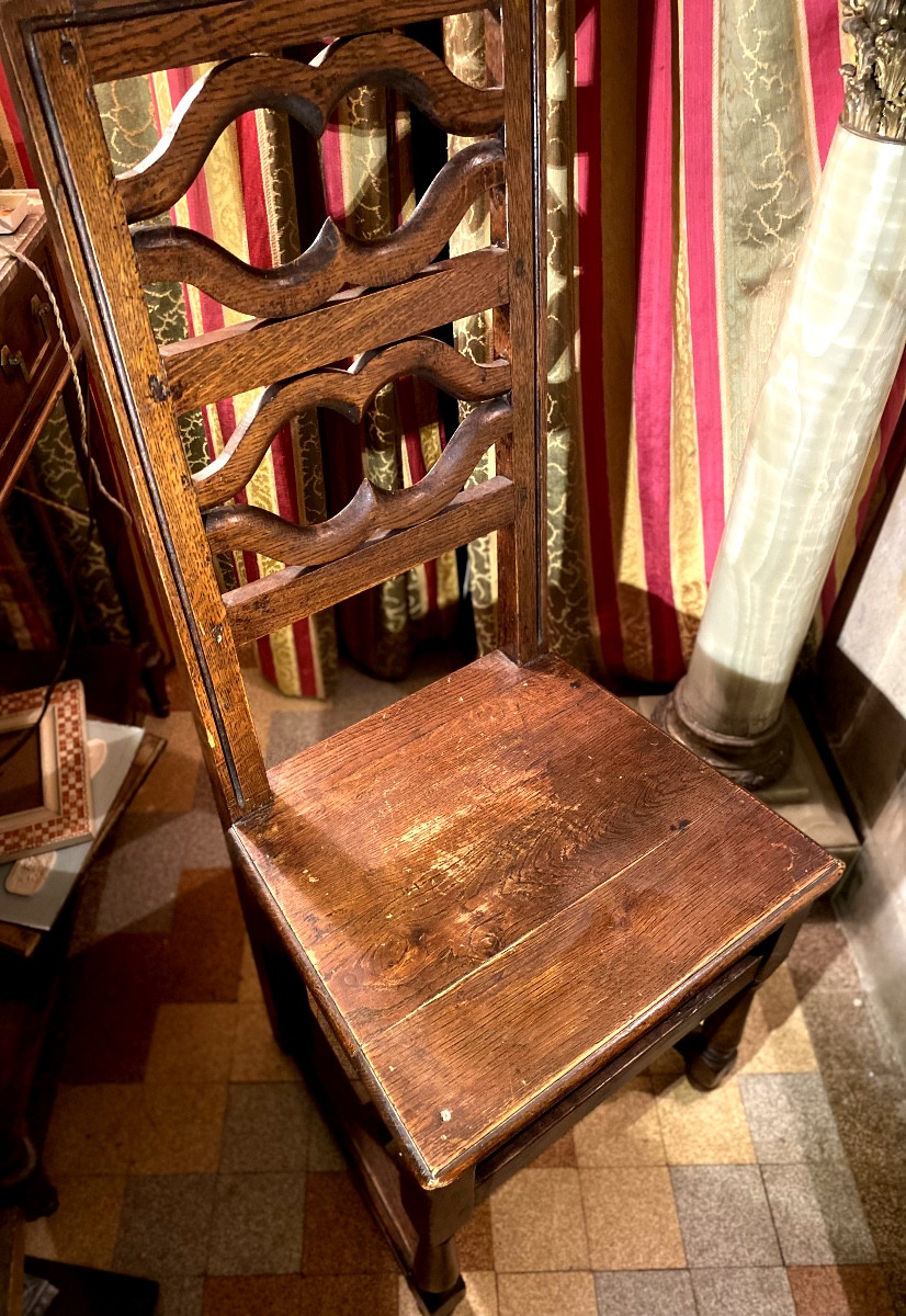 Stained Oak Chair With High Back, Openwork, Movement, Spacer, Front Legs, Columns-photo-2