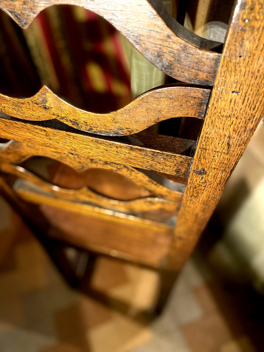 Stained Oak Chair With High Back, Openwork, Movement, Spacer, Front Legs, Columns-photo-5