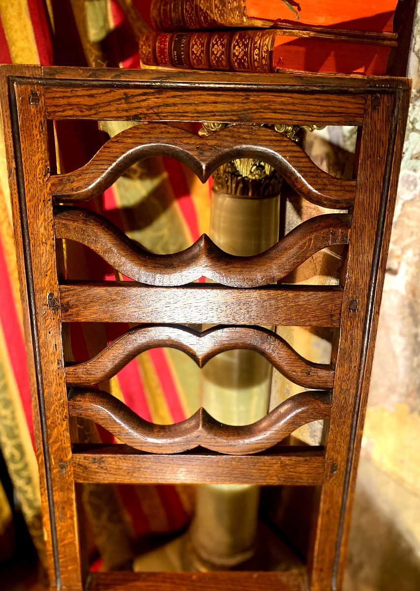 Stained Oak Chair With High Back, Openwork, Movement, Spacer, Front Legs, Columns-photo-8