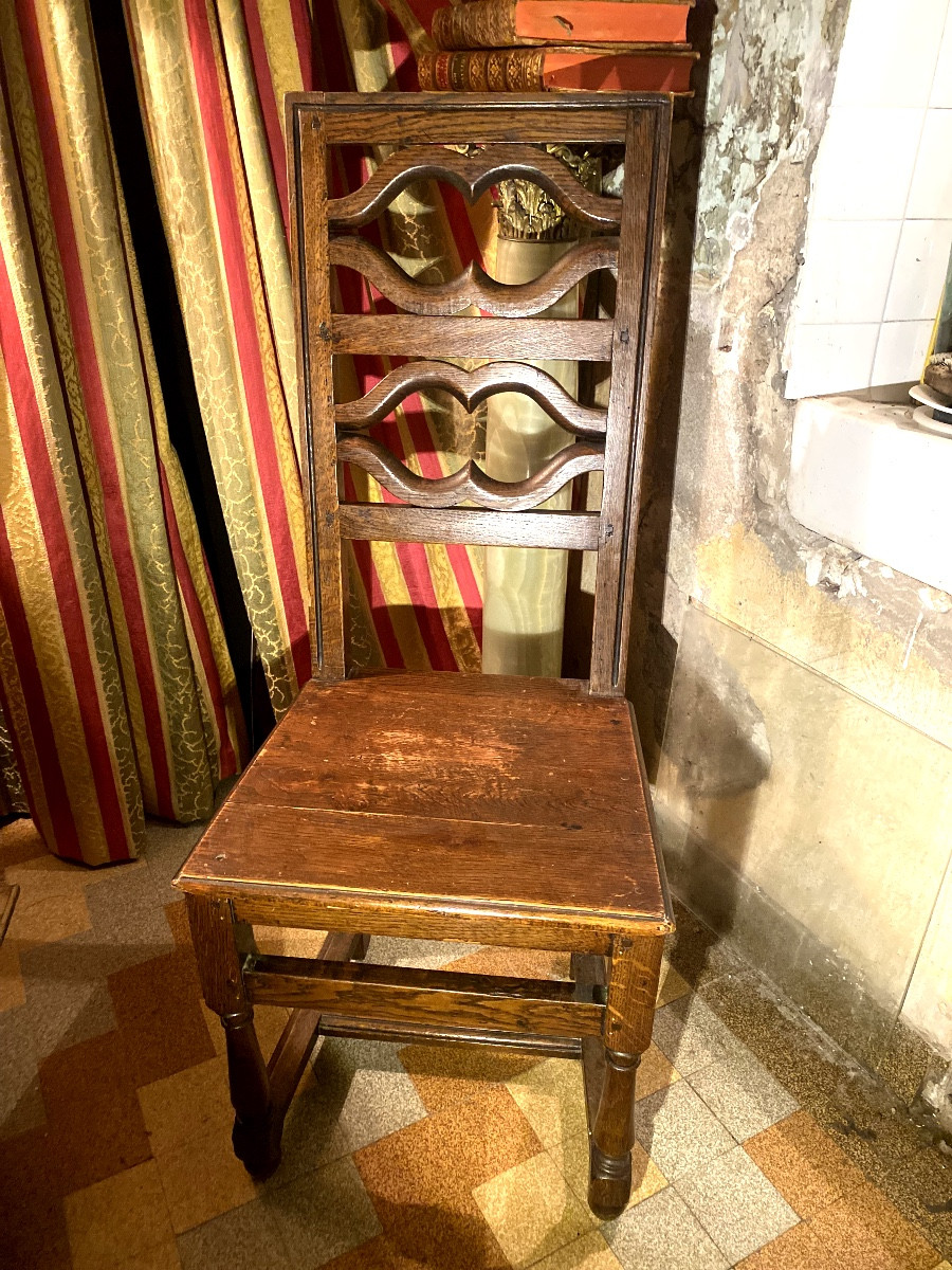 Stained Oak Chair With High Back, Openwork, Movement, Spacer, Front Legs, Columns