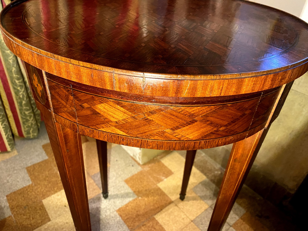 Small Bouillotte Table, Rich Marquetry Decor In Violet Wood, 19th Century, Louis XVI Style, 19th Century-photo-3