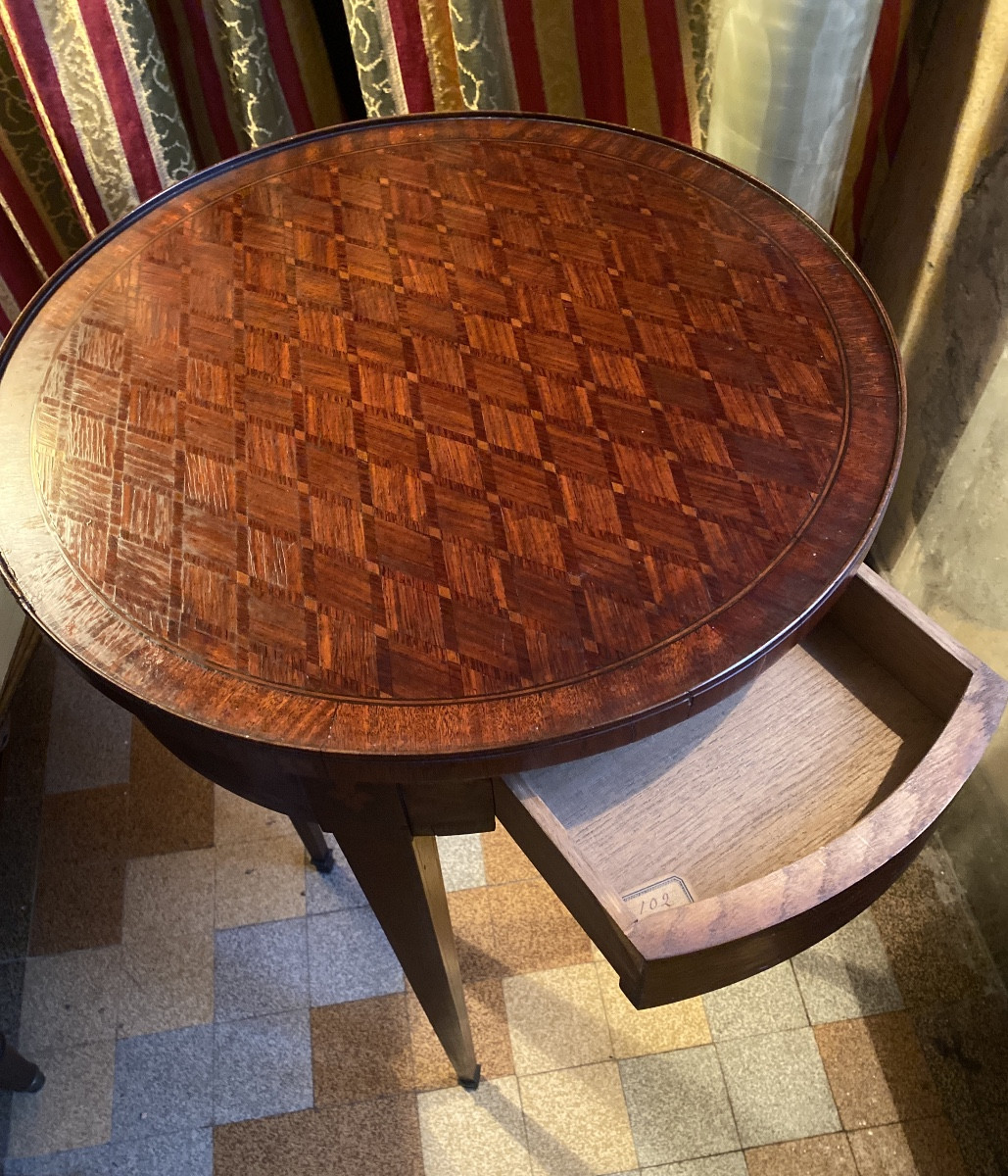 Small Bouillotte Table, Rich Marquetry Decor In Violet Wood, 19th Century, Louis XVI Style, 19th Century-photo-4