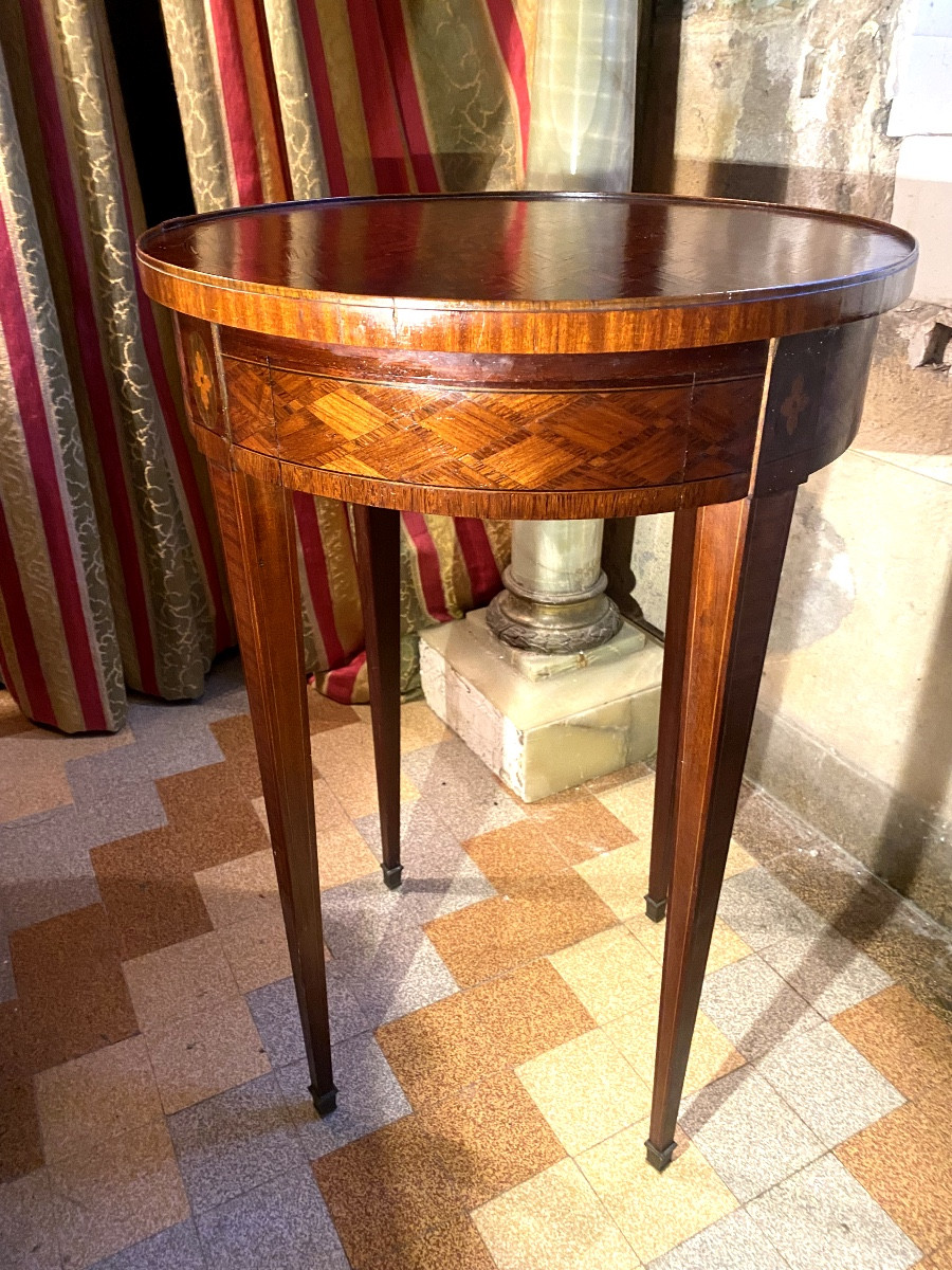 Small Bouillotte Table, Rich Marquetry Decor In Violet Wood, 19th Century, Louis XVI Style, 19th Century-photo-2