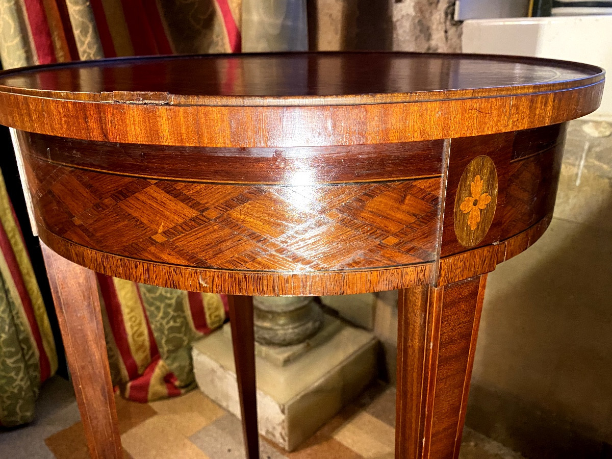 Small Bouillotte Table, Rich Marquetry Decor In Violet Wood, 19th Century, Louis XVI Style, 19th Century-photo-5