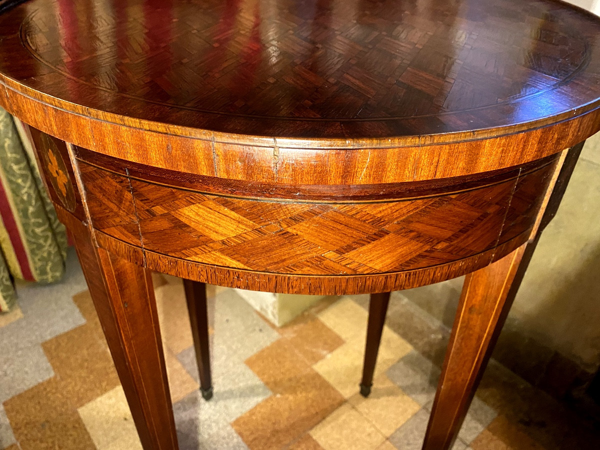 Small Bouillotte Table, Rich Marquetry Decor In Violet Wood, 19th Century, Louis XVI Style, 19th Century-photo-6