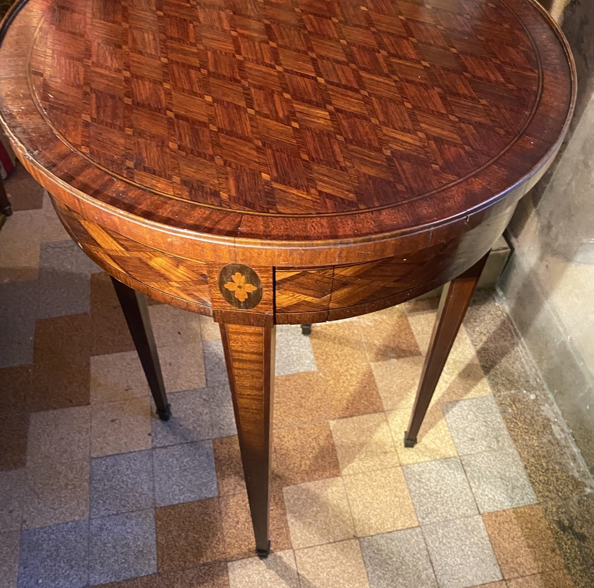 Small Bouillotte Table, Rich Marquetry Decor In Violet Wood, 19th Century, Louis XVI Style, 19th Century-photo-7