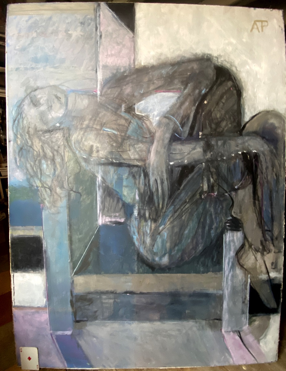 Gde Peinture (123x91cm) d'Une Femme Assise "Abstract Contorted Woman" de Ann Ter-Pogossian (90)-photo-2