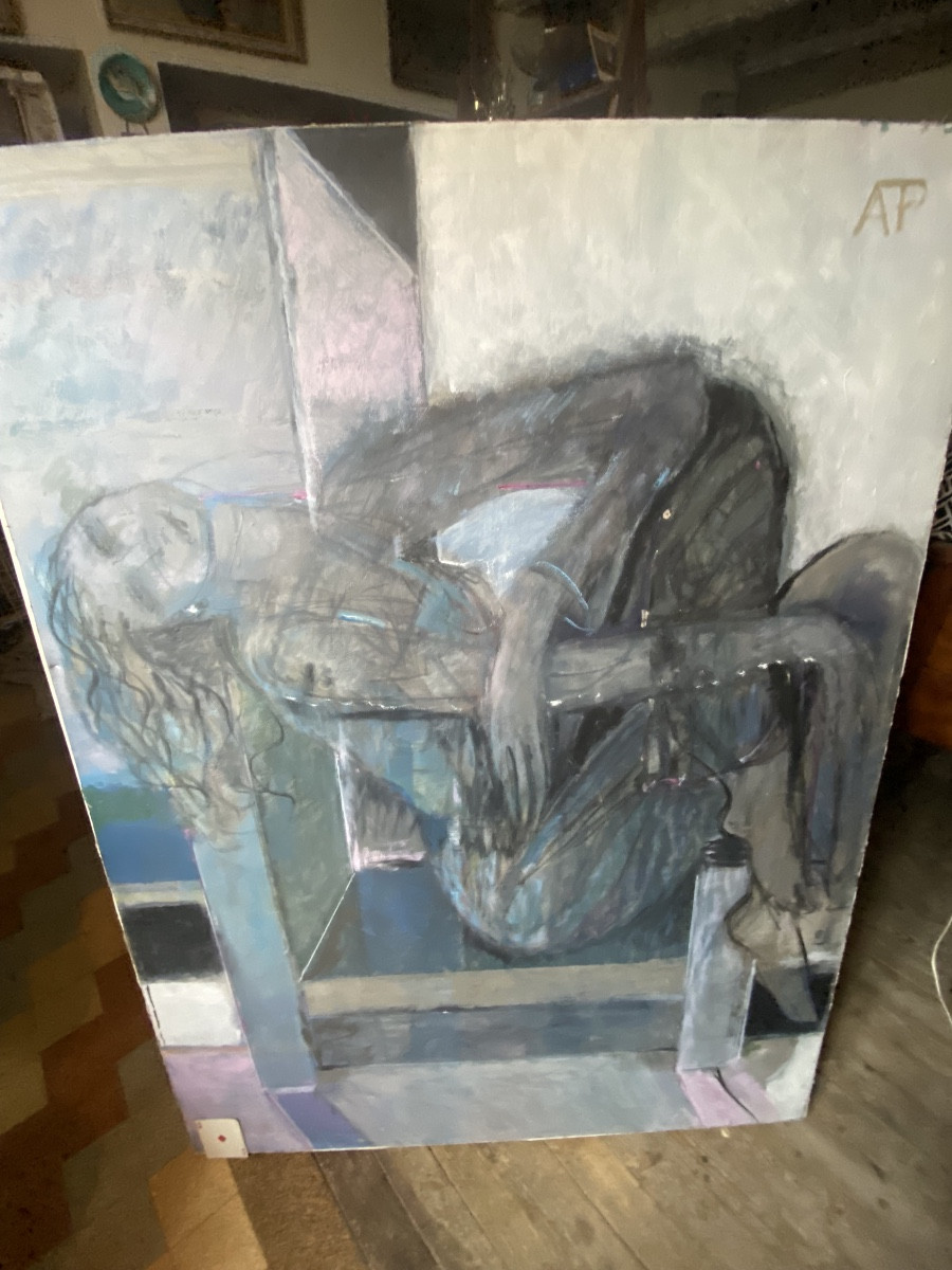 Gde Peinture (123x91cm) d'Une Femme Assise "Abstract Contorted Woman" de Ann Ter-Pogossian (90)-photo-4