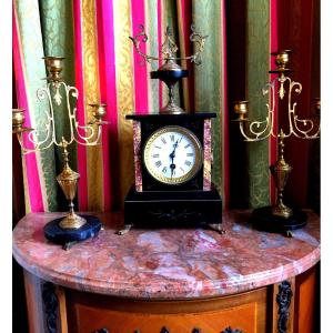 Napoleon III Pendulum In Black Marble From Carrara And Cévennes And Torches Three Branches