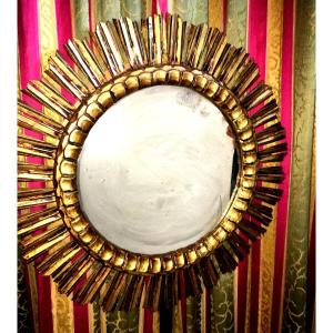 Large Round Mirror With The Symbol Of The Sun And Its Beams In Golden Wood From The Fifties