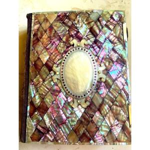 Very Rich Photo Album In Marquetry Of Mother-of-pearl Diamonds With Generous Central Medallion 19th