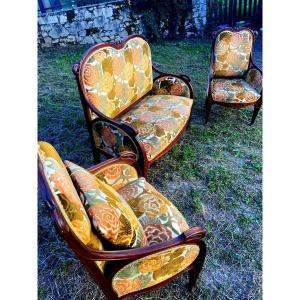 Beautiful "art Nouveau" Set, Pair Of Bergères And A Red Mahogany Sofa, School Of Nancy 1900