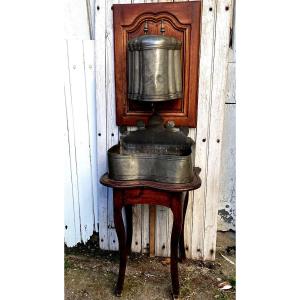 Very Beautiful 18th Century Pewter Fountain With Coat Of Arms On Its Base And Walnut Panel, Louis XV