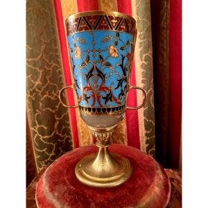 Beautiful Slender Cup With Handles In Cloisonné With The "fleur De Lys" And Onyx, 19th Signed Barbedienne