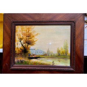 Oil S/ 19th Century Framed Panel "landscape With A Pond Animated By An Animated Boat" Au Soleil Voilé