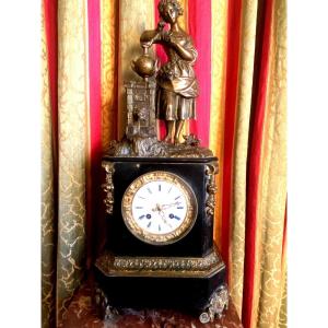 Very Charming Clock, Louis Philippe In Black Marble About A Young Woman At La Fontaine