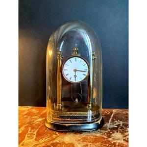 Small Portico Clock Under Globe 19th Century In Bronze Bird Swinging "romantic"
