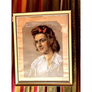 Large Expressive Portrait Of A Lady In Oily Pencil On Bistre Paper Framed From 1940