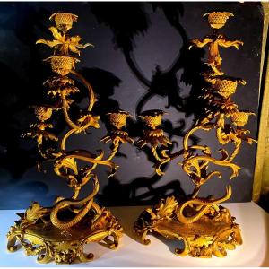 Pair Of Exceptional Five Branch Torches With Swirling Thistles In Gilt Bronze, 19th Century 