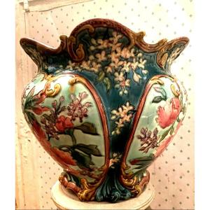 Beautiful Giant Cache Pot, In “longchamp” Barbotine “art Nouveau” Style, With Peony Flowers 