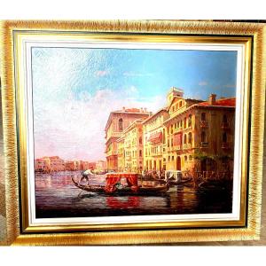   Large Canvas: The "grand Canal In Venice" 19th Century Oil On Canvas Signed Rg Demaiss 