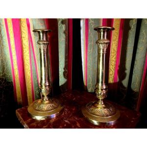 Beautiful Elegant Pair Of Gilt Bronze Candlesticks From The First Empire Period Chiseled And Guilloched