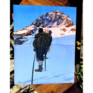 Beautiful Amazing Large Gouache From 1952 By Jacques Capo. Austrian Mountain Hiking 