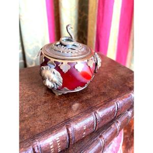 Precious Round Box In Hollowed Ribboned Orange Agate Fine Brass Frame Cobra Lid