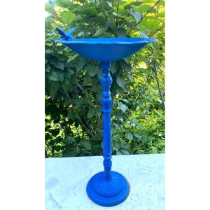 Beautiful Napoleon III Style Garden Bird Drinker, Pedestal Basin, Blue Ornate Cast Iron