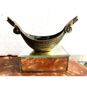 Bronze Candlestick Two Patinas From Le Verrier, Paris; 1930s Drakkar Shuttle Shape