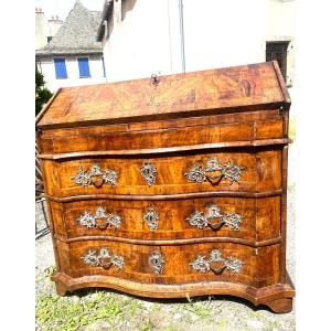 Rare Scriban Commode In Walnut Parqueted Wood, Movement From The Early 18th Century Northern Italy