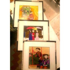 Three Enigmatic Gouaches Of Women In The Japanese Taste, Well Framed From The 60s