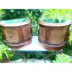 Pair Of Rare And Beautiful Hall Or Living Room Planters, Half-moons In Carved Cane Walnut