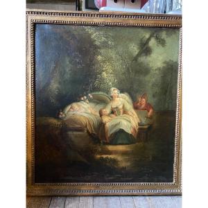 Superbe Huile Sur Toile XVIIIème Encadrée Haut De Porte Ou Trumeau " La Bonne Mère", Fragonard 