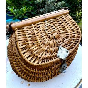 Preserved From Time This Beautiful Fisherman's Bag In Woven Rattan And Turned Wood From The 1930s