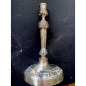 Cossu 18th Century Louis XVI Style Solid Silver Candlestick Decorated With Palmettes And Ribbon